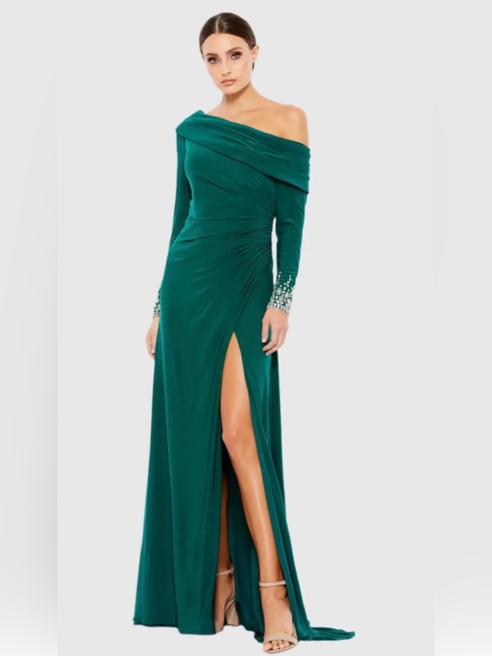 Mac Duggal Green Beaded Cuff Drop Shoulder Faux Wrap Gown